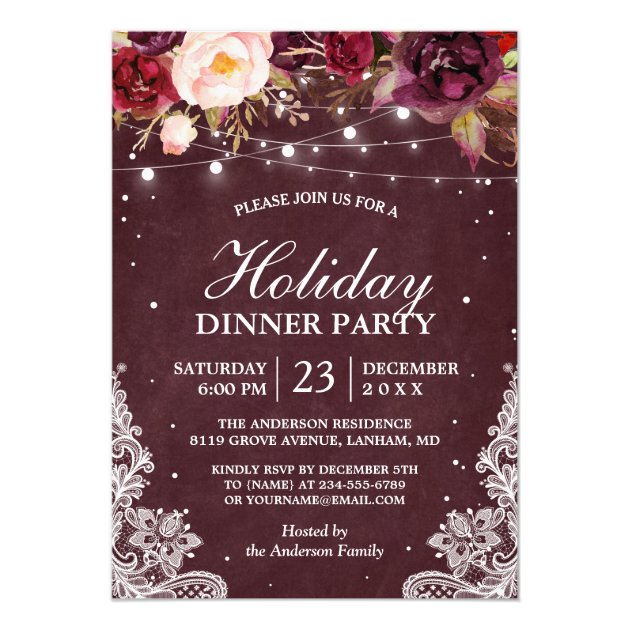 Burgundy Floral Lace String Lights Holiday Party Card (front side)