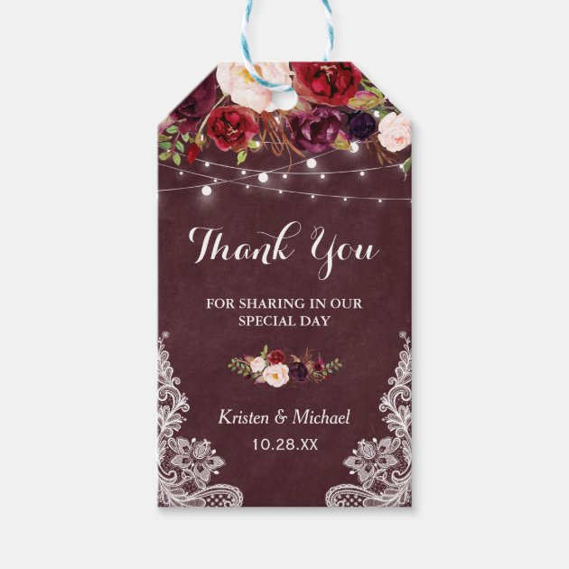 Burgundy Floral Lace Wedding Favor Thank You Gift Tags