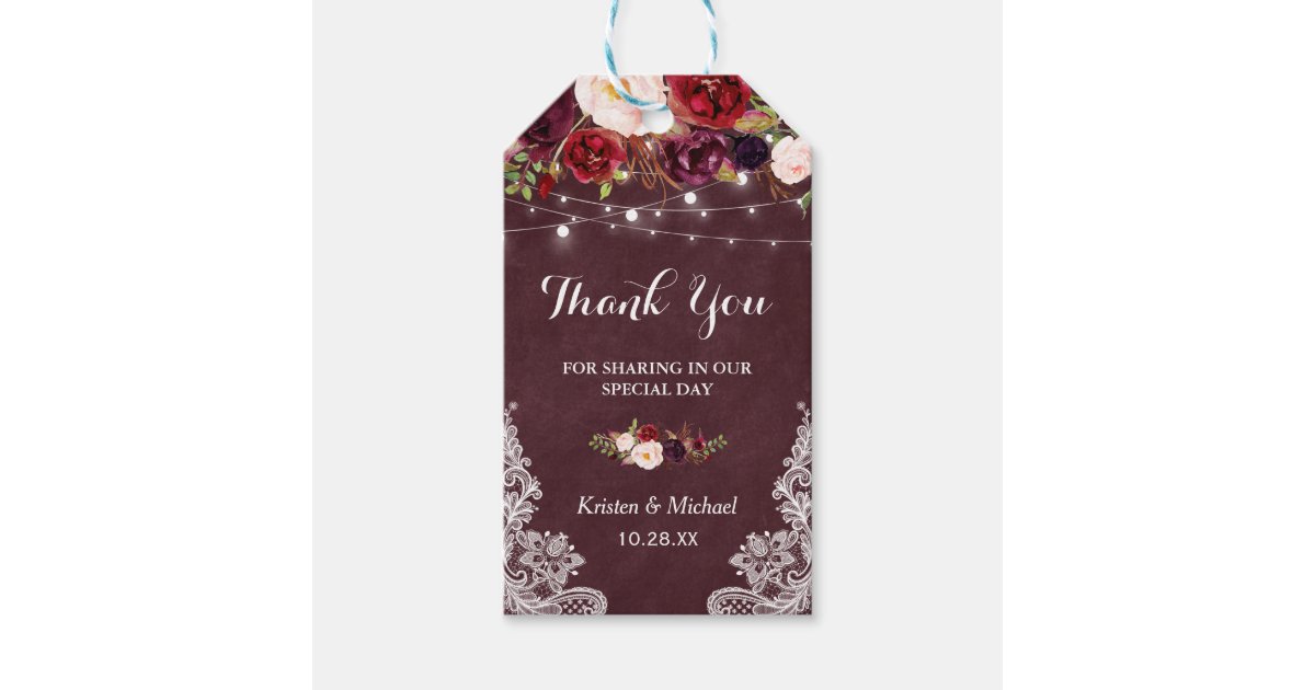 Burgundy Floral Lace Wedding Favor Thank You Gift Tags | Zazzle