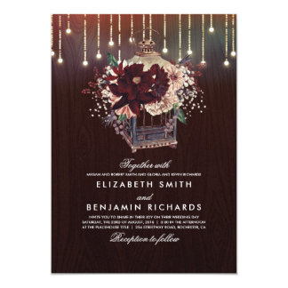 Burgundy Floral Lantern Lights Rustic Wood Wedding Invitation