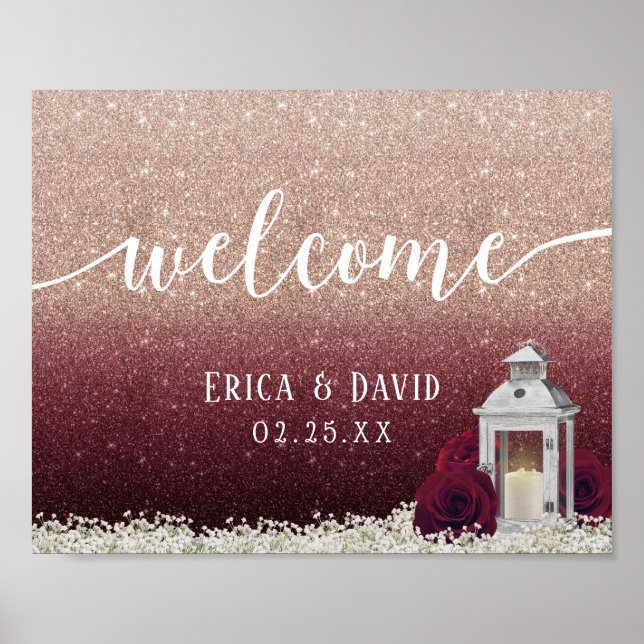 Burgundy Floral Lantern Rose Gold Wedding Welcome Poster (Front)
