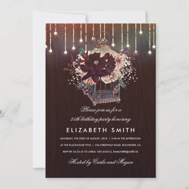 Burgundy Floral Lantern Rustic Fall Birthday Party Invitation (Front)