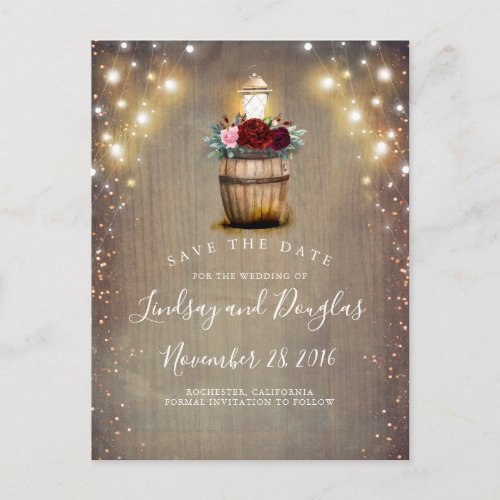 Burgundy Floral Lantern Rustic Fall Save the Date Announcement Postcard