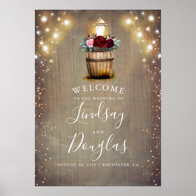 Burgundy Floral Lantern Rustic Wedding Sign (Front)