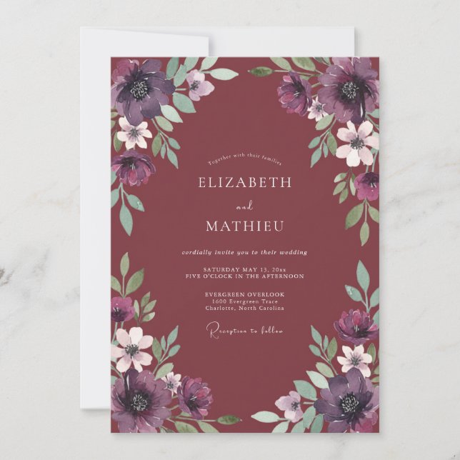 Burgundy Floral Laurel Romance Wedding Invitation (Front)