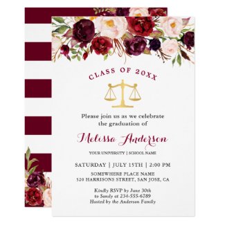 Burgundy Floral Law School Graduation Party Invitation