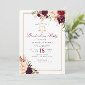 Burgundy floral law school graduation party invitation (Standing Front)