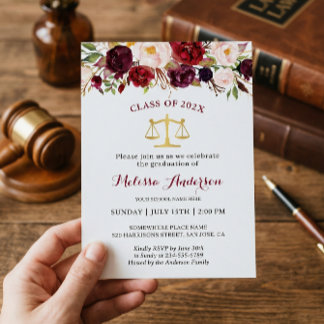 Burgundy Floral Law School Graduation Party Invitation