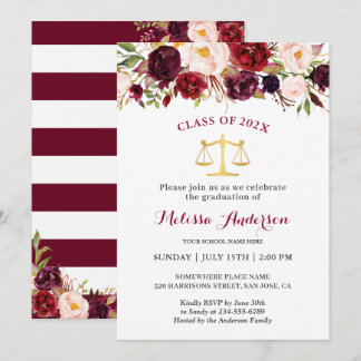 Burgundy Floral Law School Graduation Party Invitation