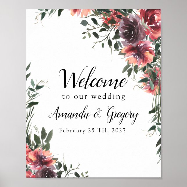 Burgundy Floral Leafy Wedding Welcome Sign (Front)