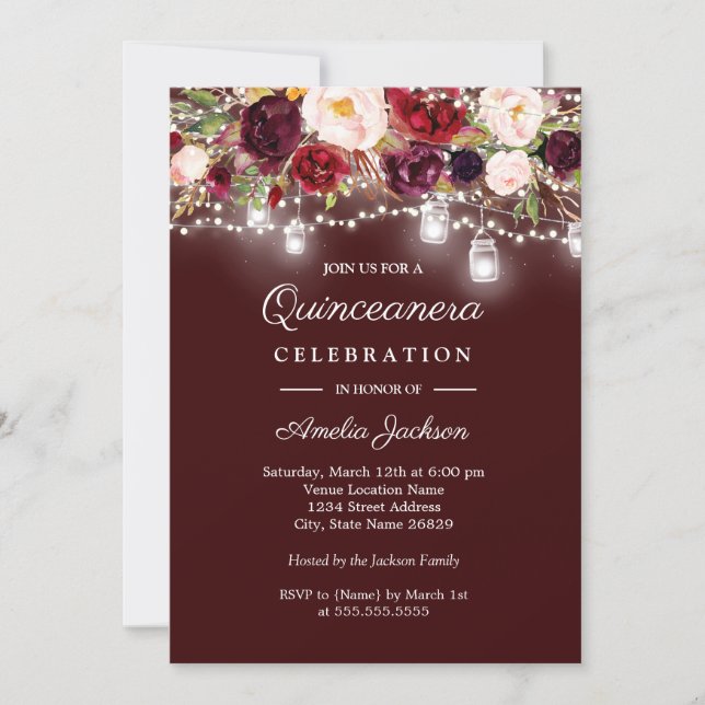 Burgundy Floral Lights 15th Quinceanera Invitation (Front)