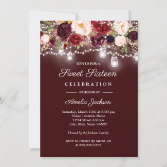 Burgundy Floral Lights 16th Sweet Sixteen Invitation