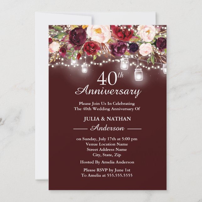 Burgundy Floral Lights 40th Wedding Anniversary Invitation (Front)