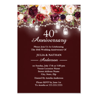 Burgundy Floral Lights 40th Wedding Anniversary Invitation