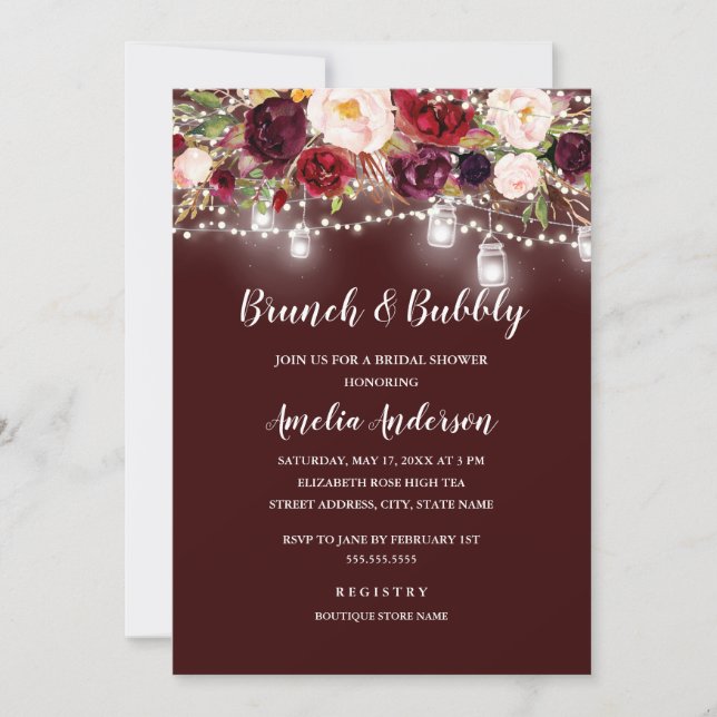 Burgundy Floral Lights Brunch And Bubbly Shower Invitation (Front)