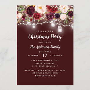 Burgundy Floral Lights Christmas Party Invitation