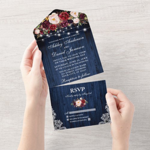 Burgundy Floral Lights Lace Blue Wood Wedding All In One Invitation