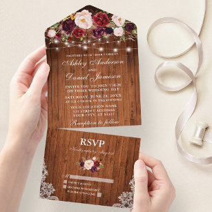Burgundy Floral Lights Lace Rustic Wood Wedding All In One Invitation