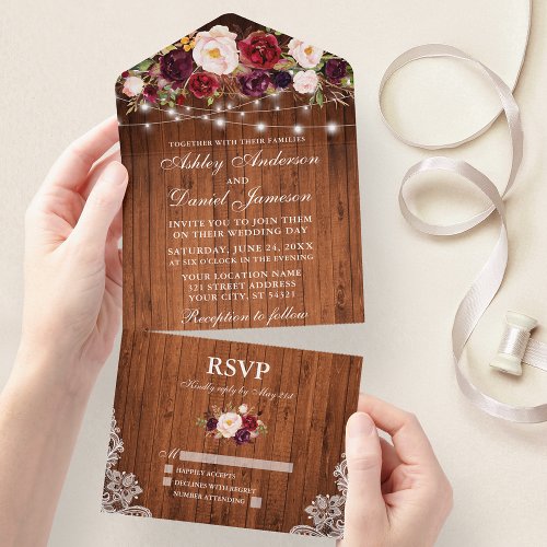 Burgundy Floral Lights Lace Rustic Wood Wedding All In One Invitation