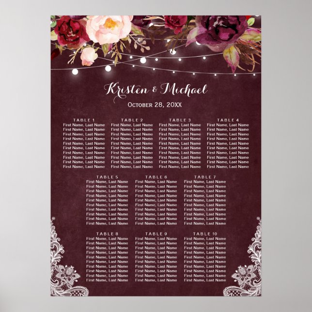 Burgundy Floral Lights Lace Wedding Seating Chart (Front)