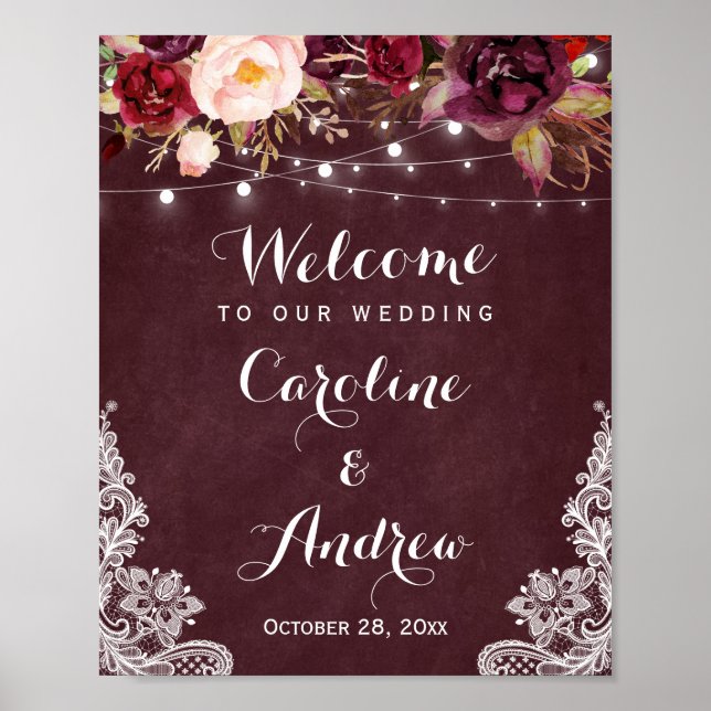 Burgundy Floral Lights Lace Wedding Welcome Sign (Front)
