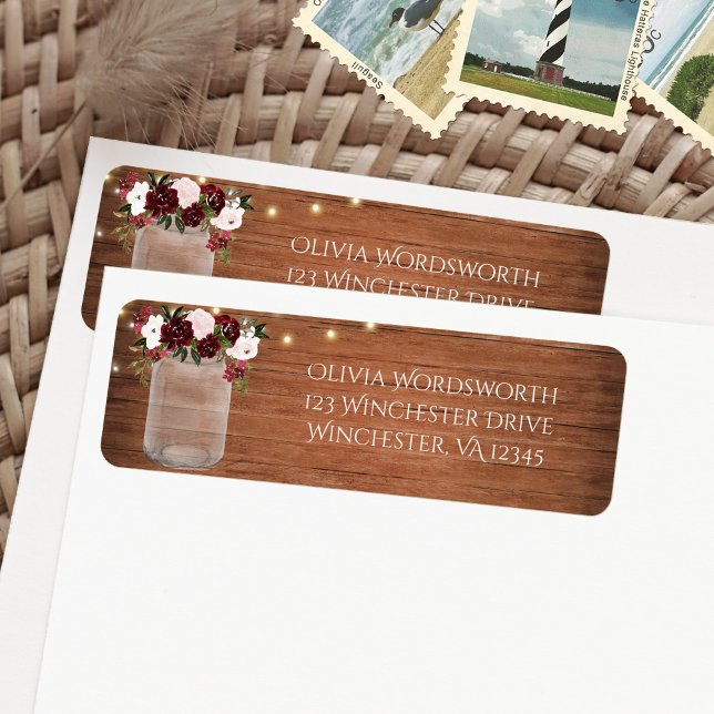 Burgundy Floral Lights Mason Jar Rustic Wedding Label (Creator Uploaded)