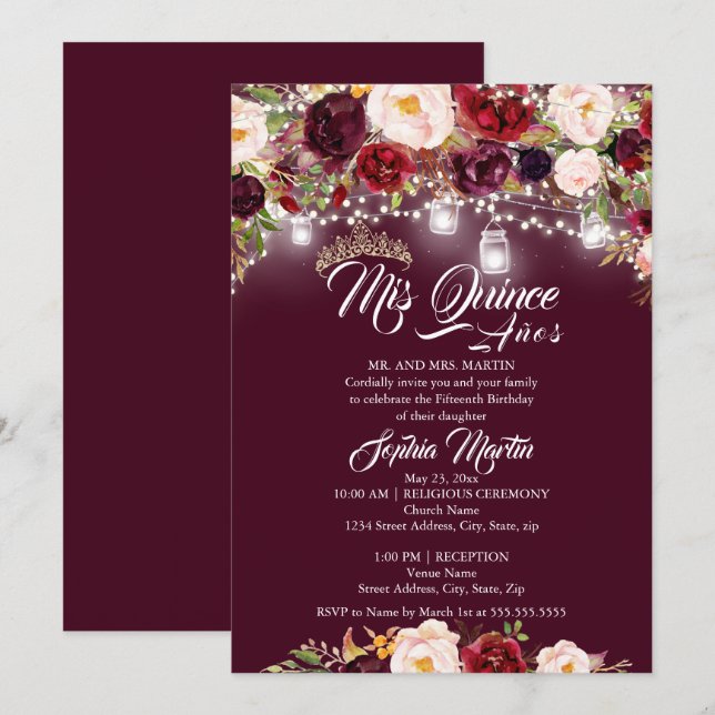Burgundy Floral Lights Mis Quince Quinceanera  Invitation (Front/Back)