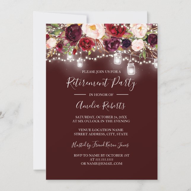 Burgundy Floral Lights Retirement Party Invitation (Front)