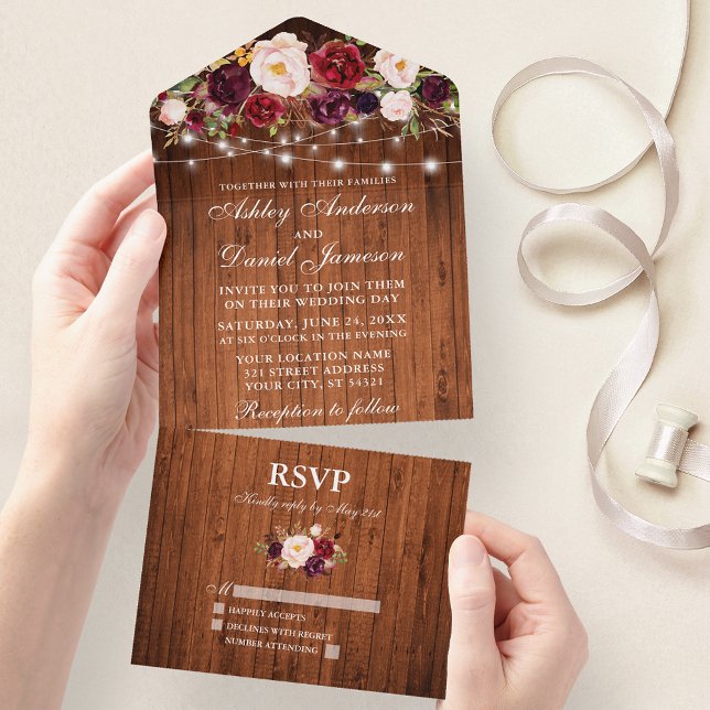 Burgundy Floral Lights Rustic Wood Wedding All In One Invitation (All In One Wedding Invitation with tear off RSVP Card)