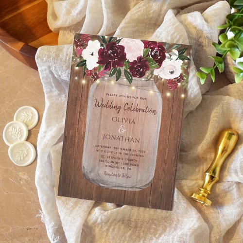 Burgundy Floral Lights Rustic Wood Wedding Invitation