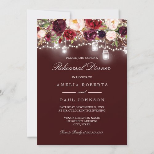 Burgundy Floral Lights Wedding Rehearsal Dinner Invitation