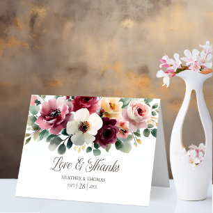 Burgundy Floral Love and Thanks Wedding Letterpress Thank You Card