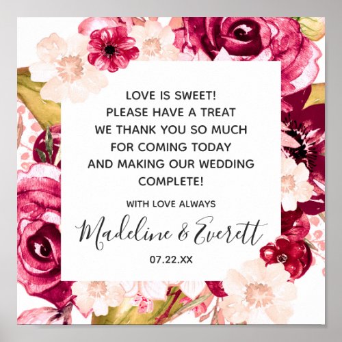 Burgundy Floral Love is Sweet Treat Table Sign