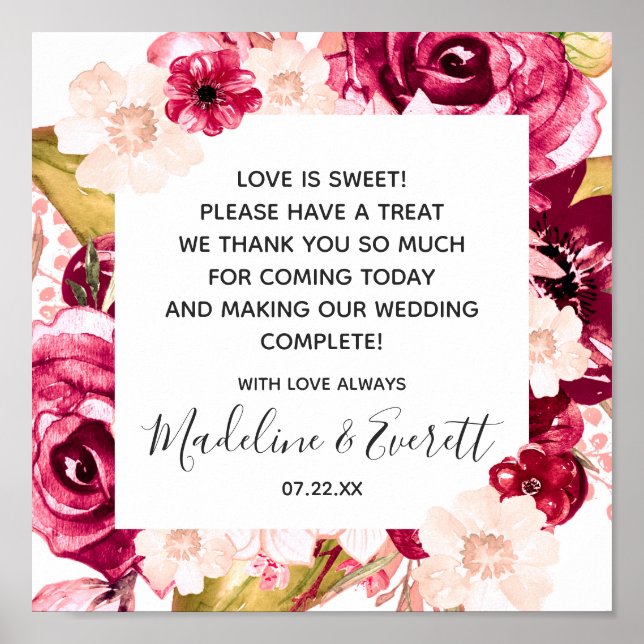Burgundy Floral Love is Sweet Treat Table Sign (Front)
