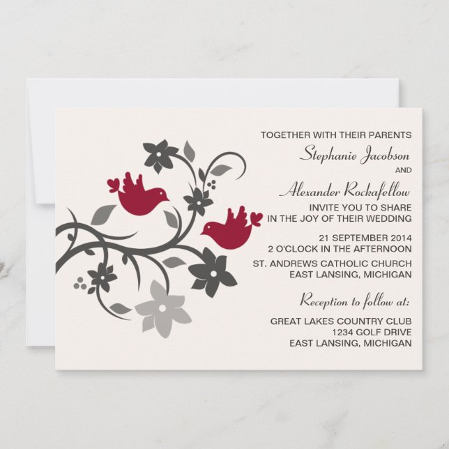 Burgundy Floral Lovebirds Wedding Invitation (Front)