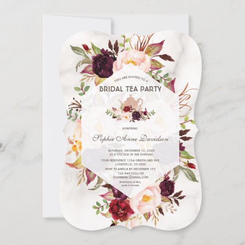 Burgundy Floral Marble Bridal Shower Tea Party Invitation