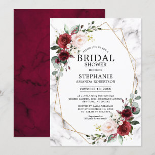 Burgundy Floral Marble Geometric Bridal Shower Invitation