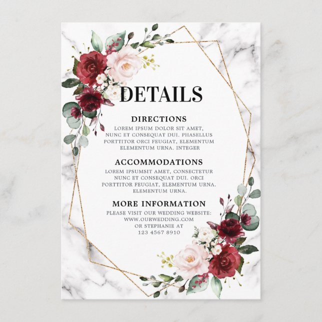 Burgundy Floral Marble Geometric Wedding Details Enclosure Card (Front)