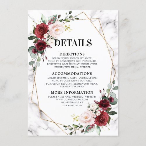 Burgundy Floral Marble Geometric Wedding Details Enclosure Card