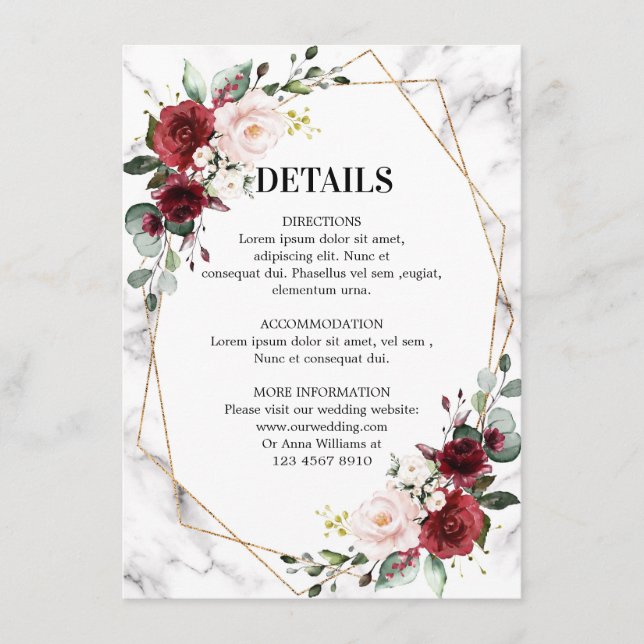 Burgundy Floral Marble Geometric Wedding Details Enclosure Card (Front)