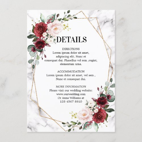 Burgundy Floral Marble Geometric Wedding Details Enclosure Card