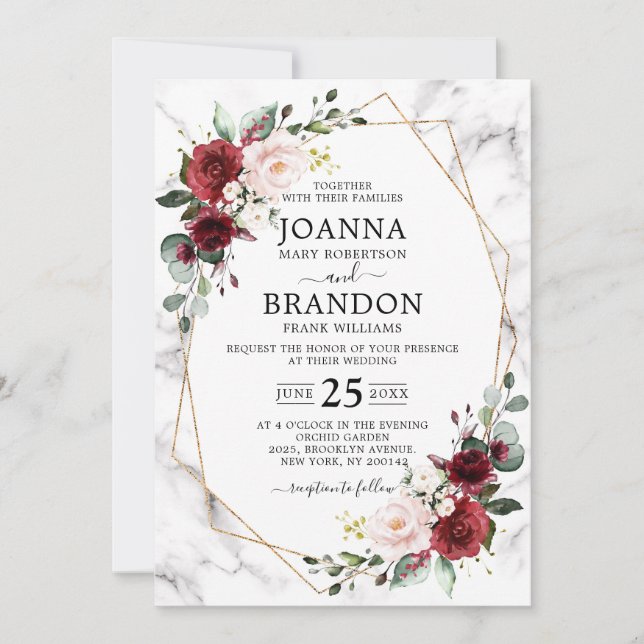 Burgundy Floral Marble Geometric Wedding Invitation (Front)