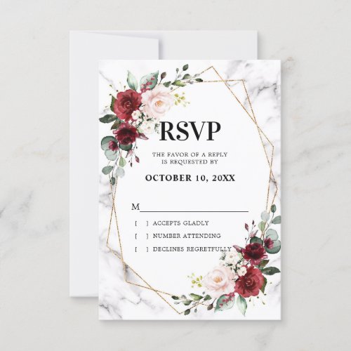 Burgundy Floral Marble Geometric Wedding RSVP Card