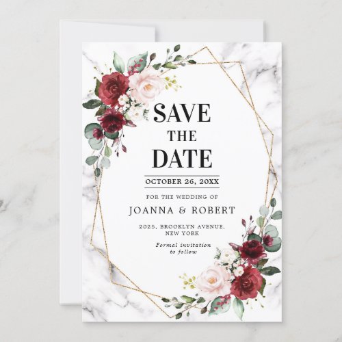 Burgundy Floral Marble Geometric Wedding Save The Date