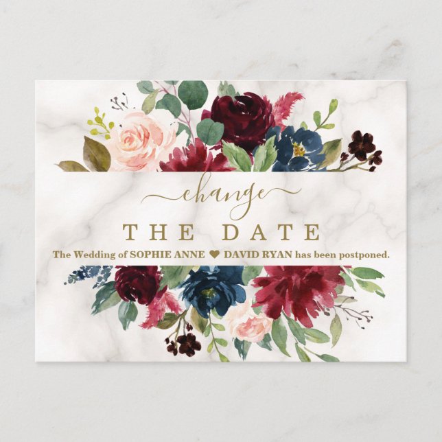 Burgundy Floral Marble Wedding Postponed New Plan Postcard (Front)