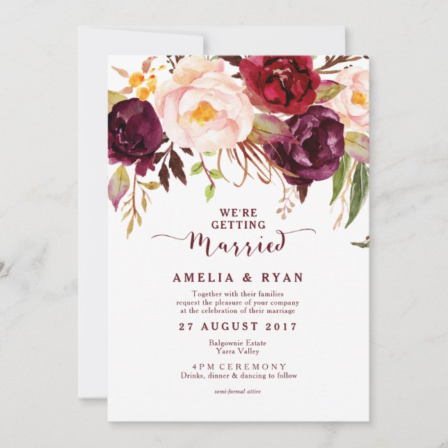 Burgundy Floral Marsala Wedding Invitation (Front)