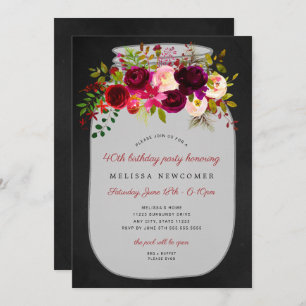 Burgundy Floral mason jar birthday party invites