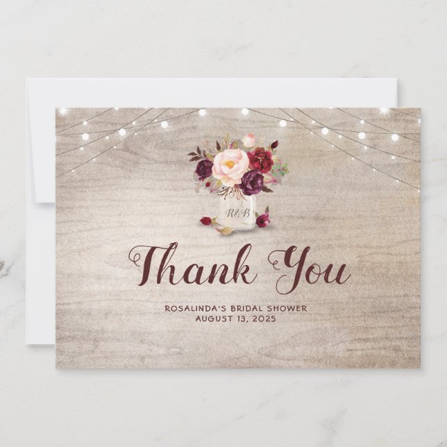 Burgundy Floral Mason Jar Bridal Shower Thank You Card (Front)