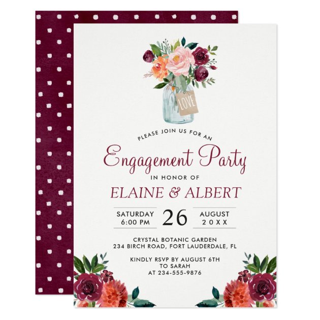 Burgundy Floral Mason Jar Engagement Party Invitation