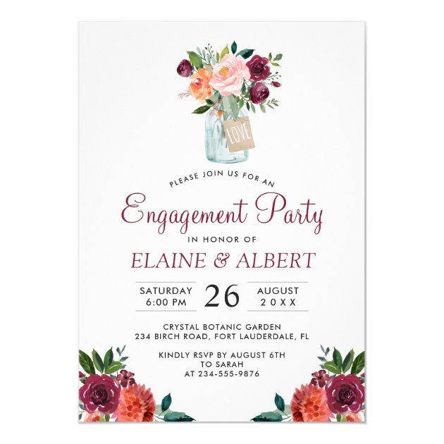Burgundy Floral Mason Jar Engagement Party Invitation